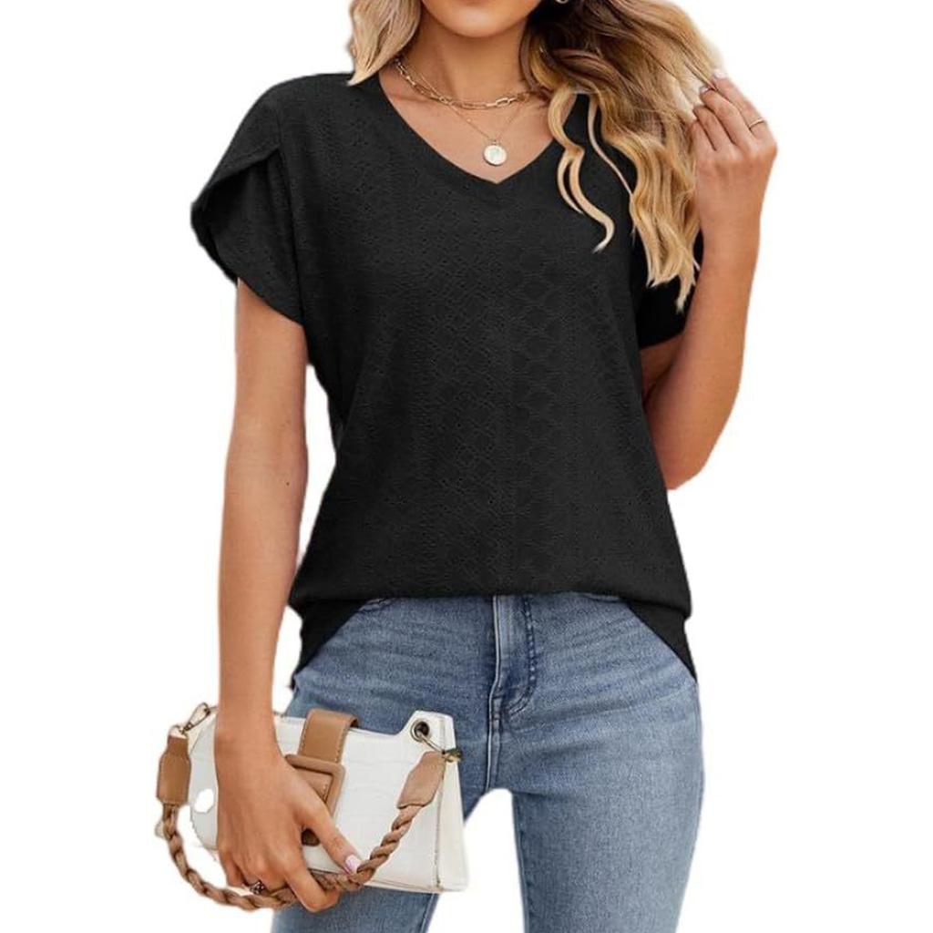 Women's Casual Fashion V,neck Color Hollow Short,sleeved T,shirt Top