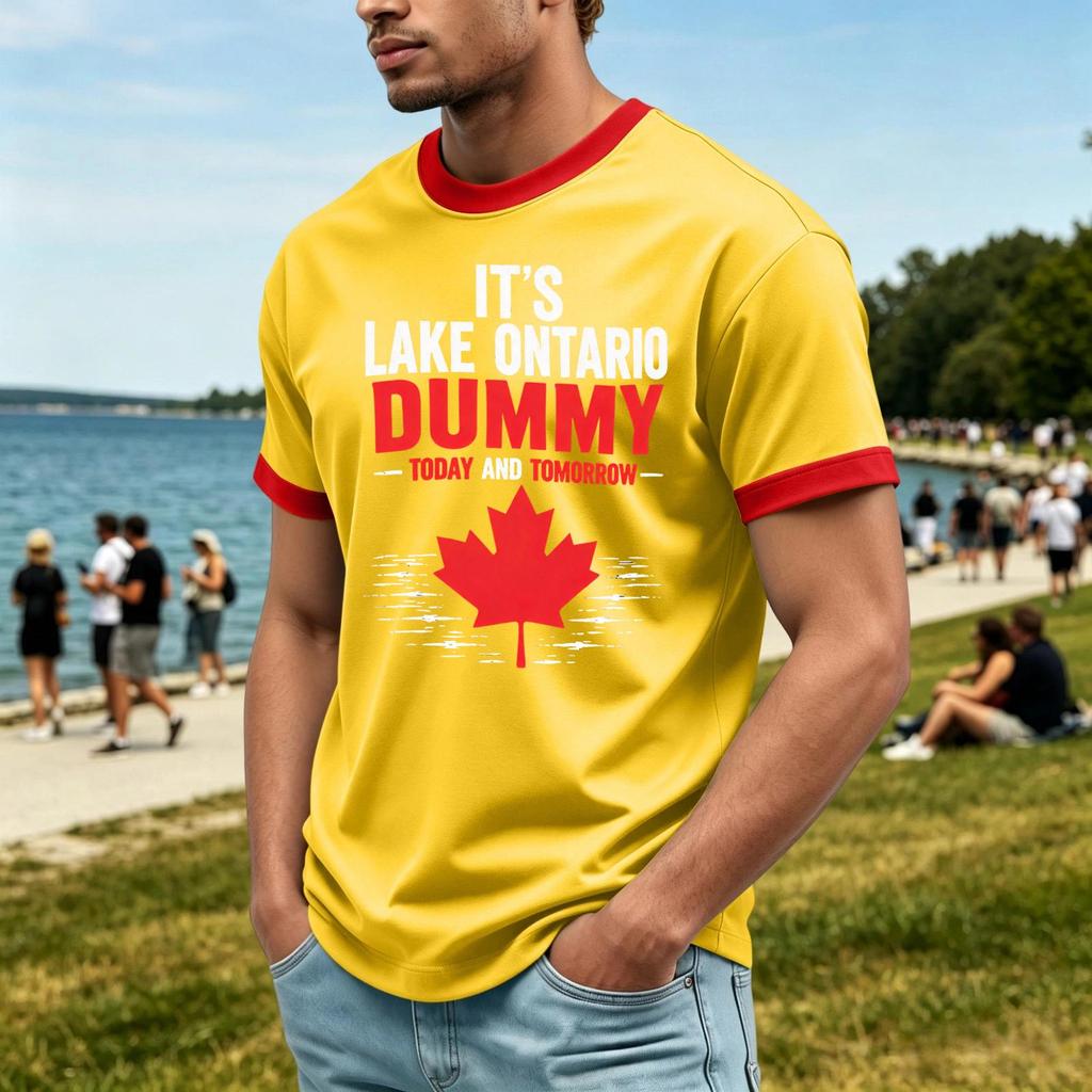 Top casual moda da uomo con stampa Lago ONTARIO, girocollo, elasticizzato, manica corta (, TRUE NORTH GRANDE, EST. 1615)
