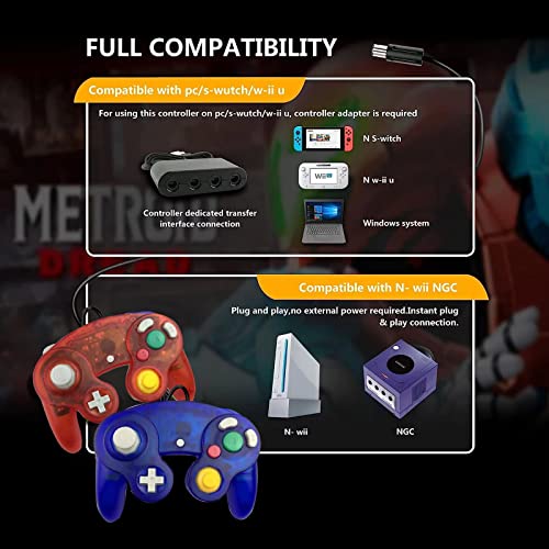 FIOTOK GameCube Controller Classic Wired Controller for Wii and Nintendo Gamecube (Clear Red & Clear Blue - 2-Pack)