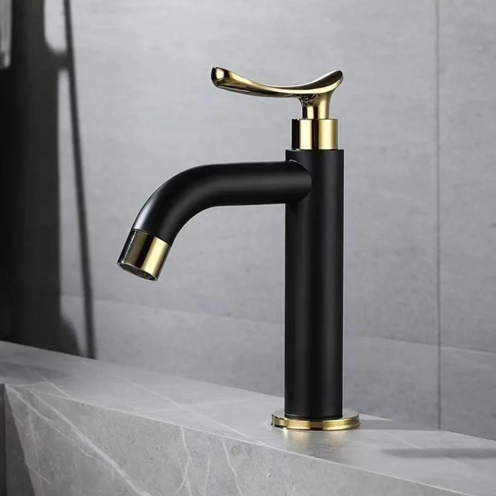 Bathroom Faucet Stainless Steel Sink Tap Black&Gold Single Cold Water Washbasin Tap Deck-mounted Bathroom Basin Faucet