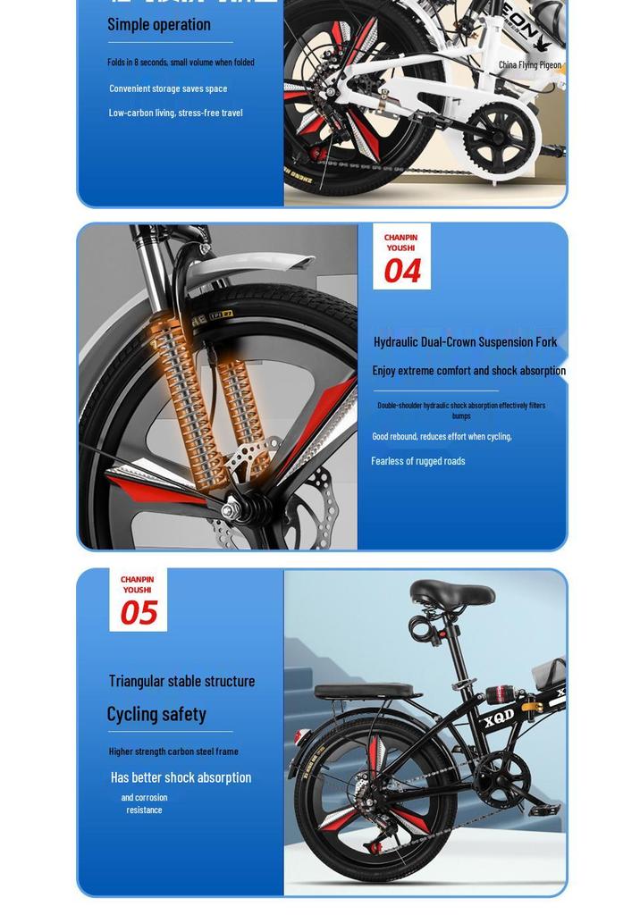 20/22-Inch Portable Folding Bicycle for Adults: No Assembly, Variable Speed, Shock-Absorbing Pedals