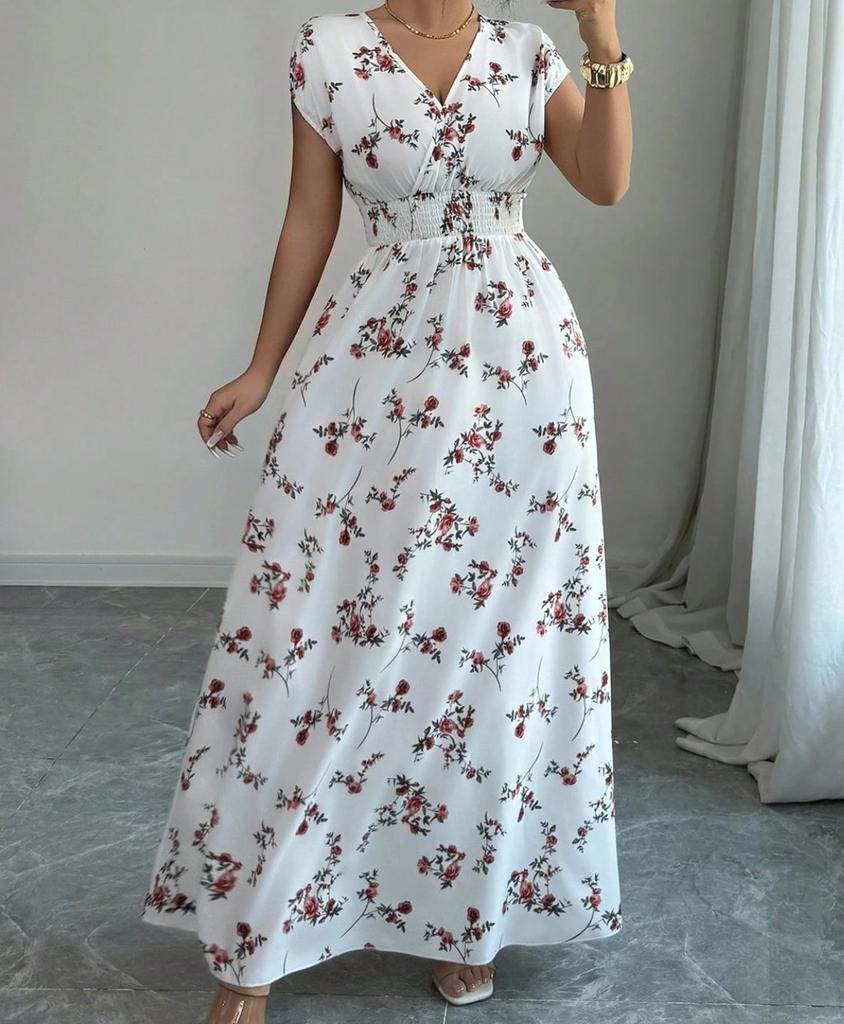 Floral Print V Neck Long Dress With Belt For Summer Casual Womens Wear