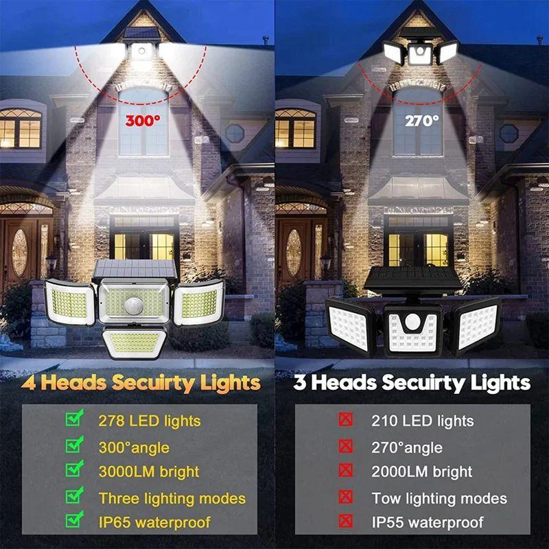 288/278LED Outdoor Solar Lights 4 Heads Adjustable Motion Sensor Wall Lamp IP65 Waterproof Garden Outdoor Lighting Wall Lights