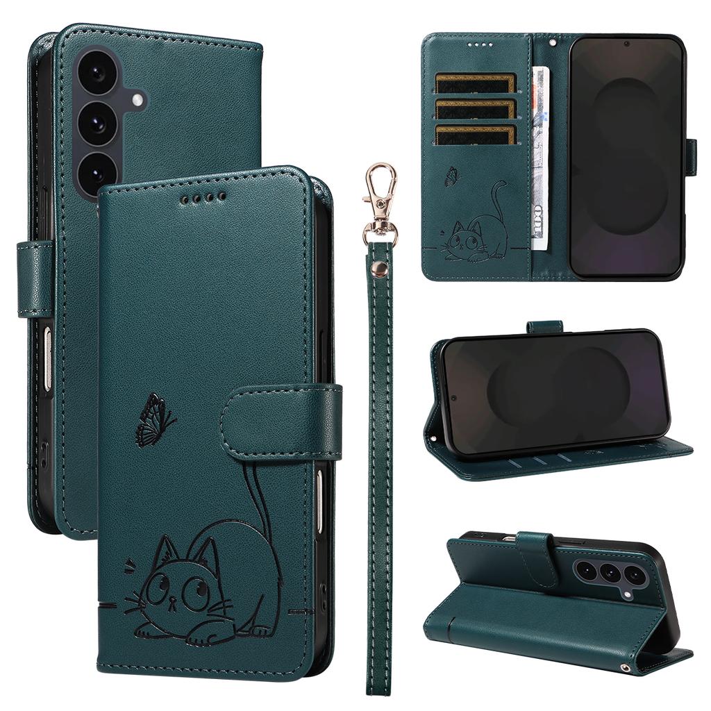 For Samsung Galaxy S25 FE Case Cat Pattern Imprint Leather Phone Cover with Wrist Strap
