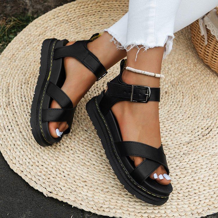 Summer New Thick-soled One-character Cross-belt Solid Color Buckle Belt Large Size Hollow Roman Sandals