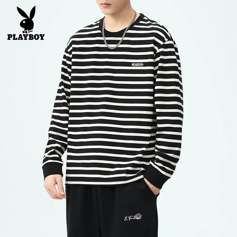 Playboy Men's Casual Striped Long Sleeve Crewneck T-Shirt