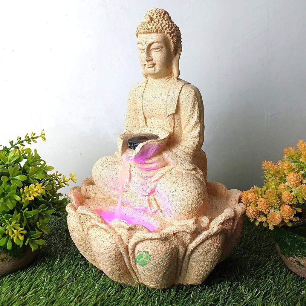 Lotus Buddha Table Top Water Fountain with RGB LED Light for Home Décor/Gift/Vastu/Pooja/Reception/House Warming (Biege Stone)