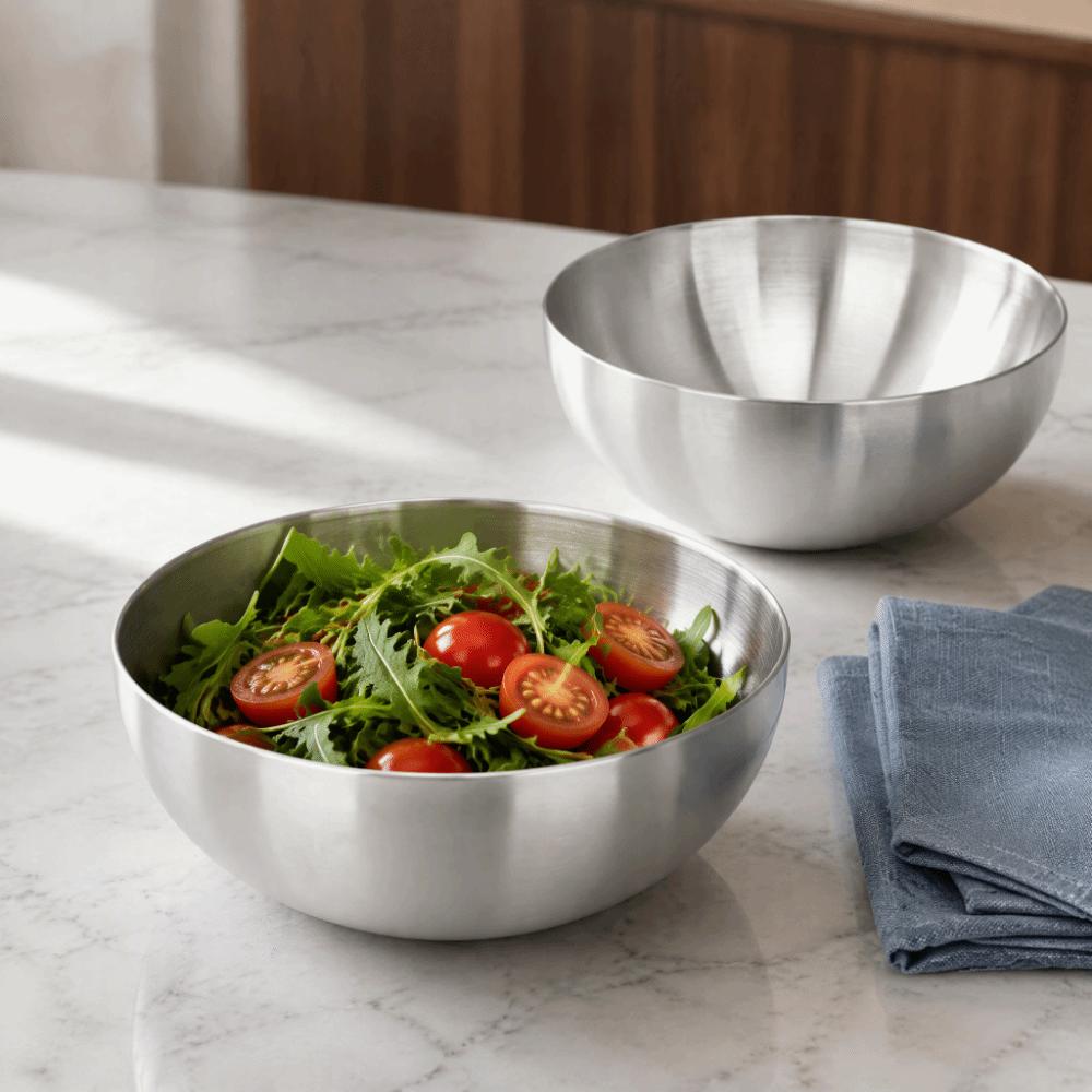 2pcs Silver Color Stainless Steel Salad Bowl Stainless Steel Kitchen Serving Bowl For Restaurant