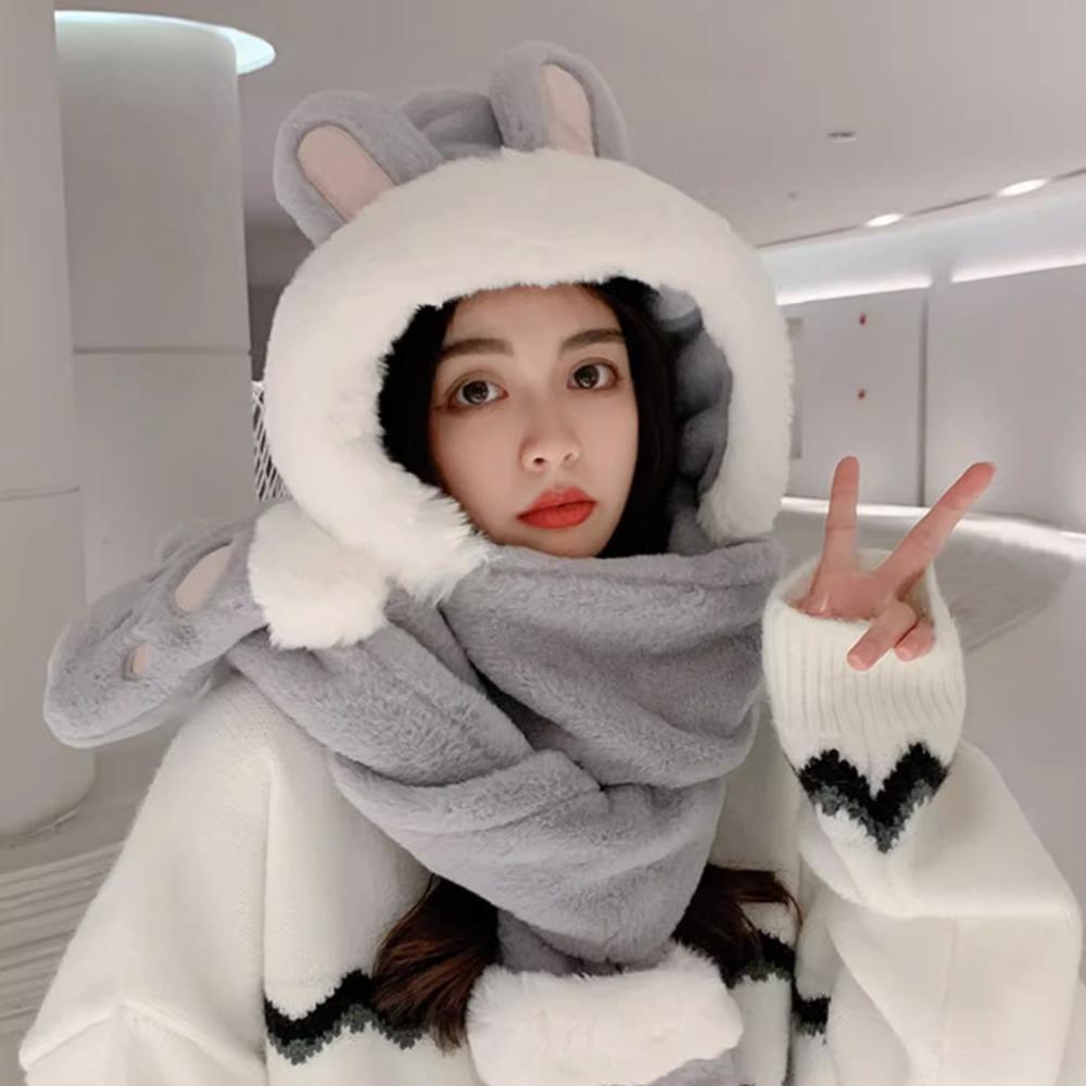 Windproof Integrated Cap Scarf Gloves Soft Plush Neck Warmer Winter Beanie Hat Scarf  for Women