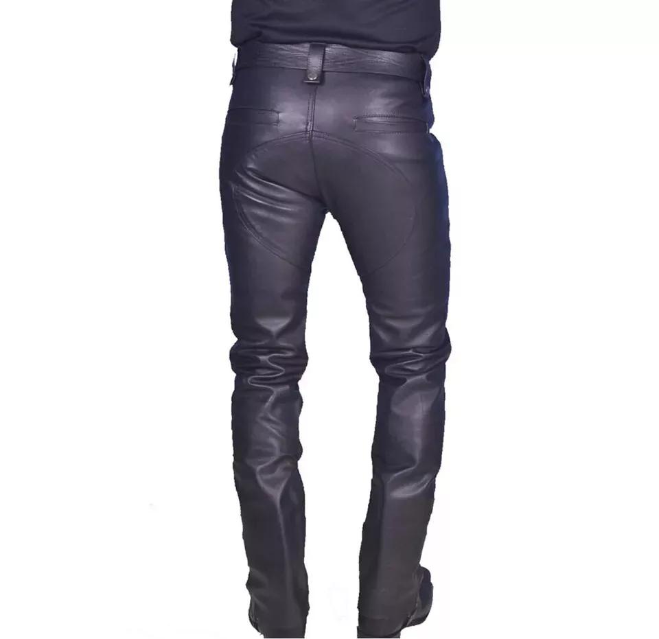 Jeans Handmade Motor Biker Pant Men's Black Genuine Real Lambskin Leather Casual
