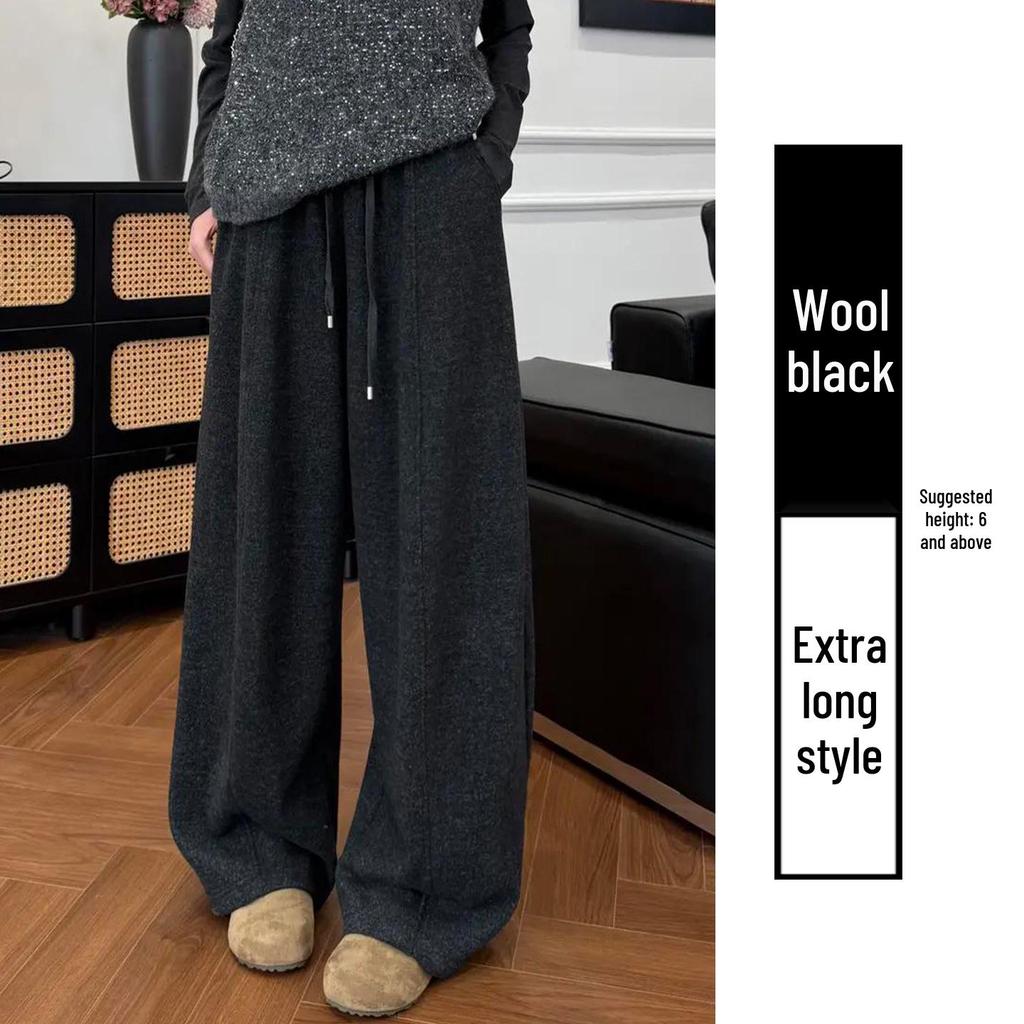 Women's Winter High Waist Loose Woolen Wide Leg Pants - Deep Gray Draping with Plush Lining.