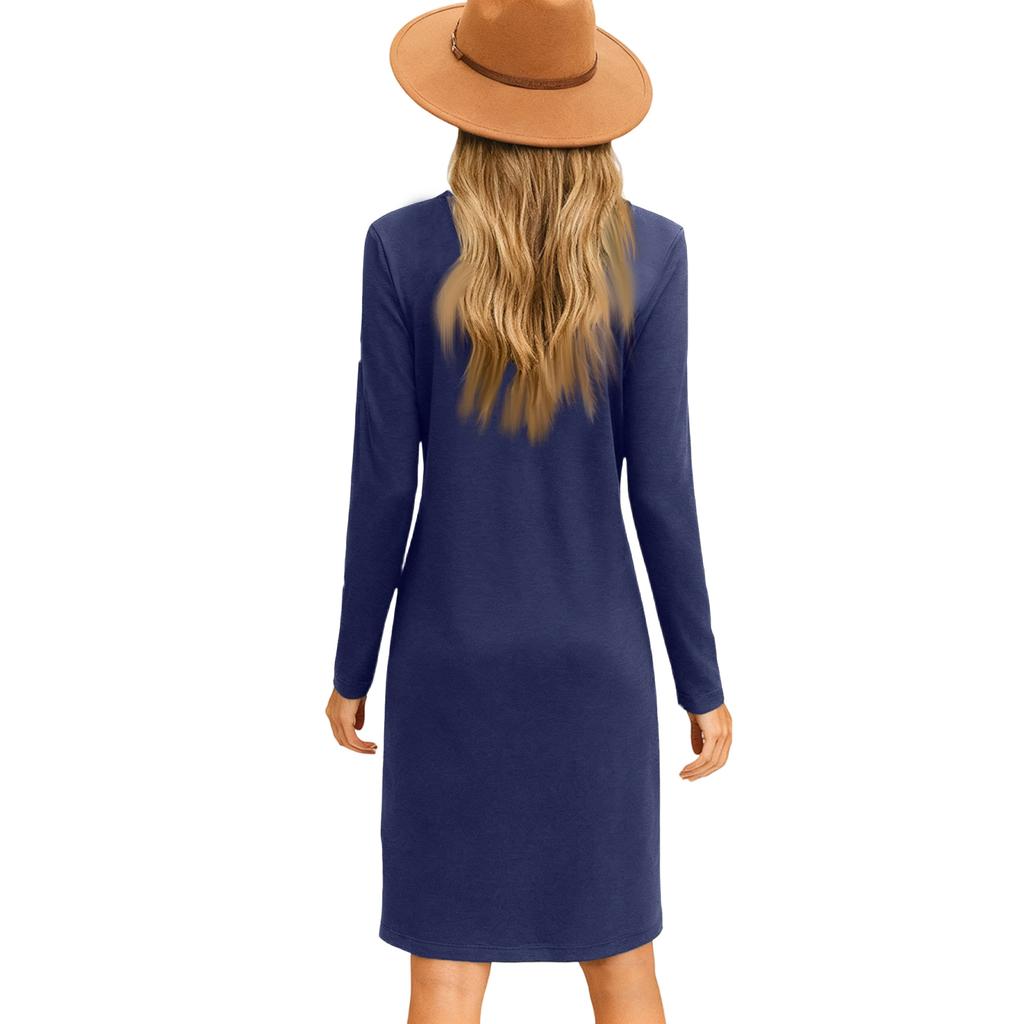 Women's Fashion Casual Long Sleeve V-Neck T-Shirt Dress Side Slit Solid Color Dress