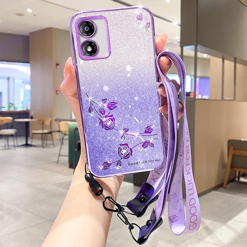 

KADEM For Motorola Moto E13 4G TPU Case Flower Pattern Glitter Phone Cover with Strap Purple
