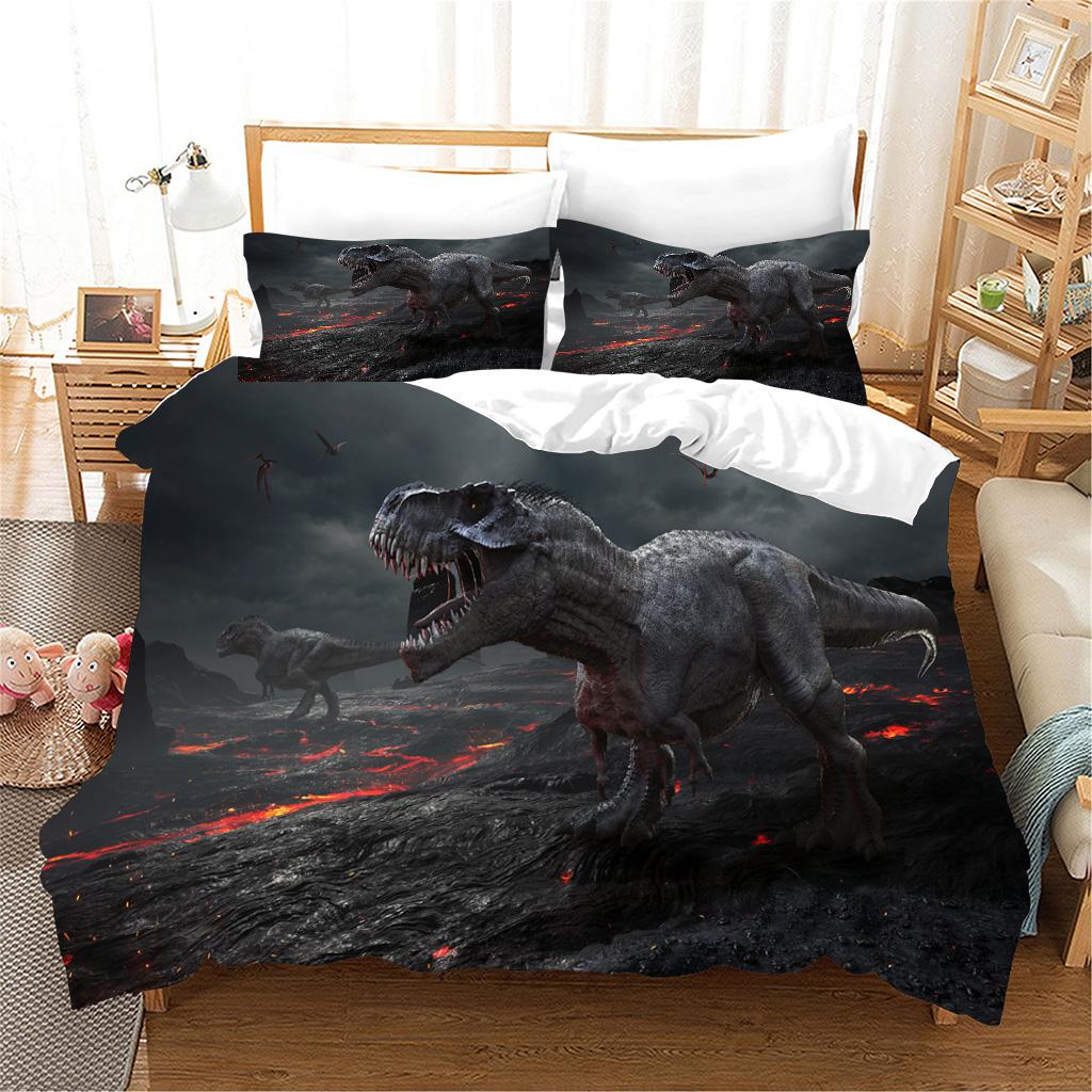 3 stk Sengesett 3d Dinosaur World Tyrannosaurus Rex Kids Barn Mikrofiber Polyester Seng Dynetrekk Sett Og 2 stk Putetrekk
