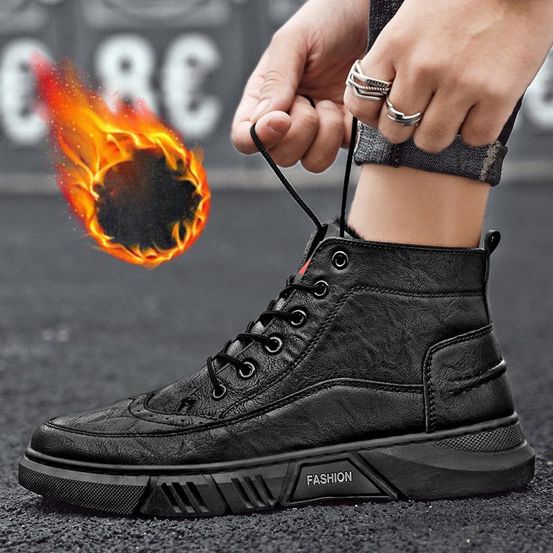 High Top Shoes Men Winter Plush Thickened Warm Anti-skid Waterproof Snow Boots Versatile Comfortable Lace-up Casual Shoes