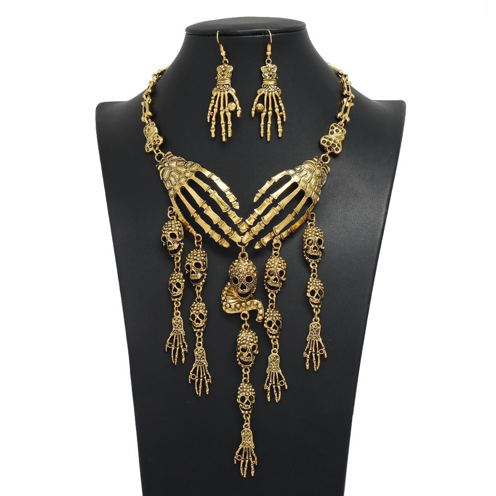Fashion Hand Bone Women Necklace And Earring Set With Skeleton Tassel Design For Gothic Party Accessories