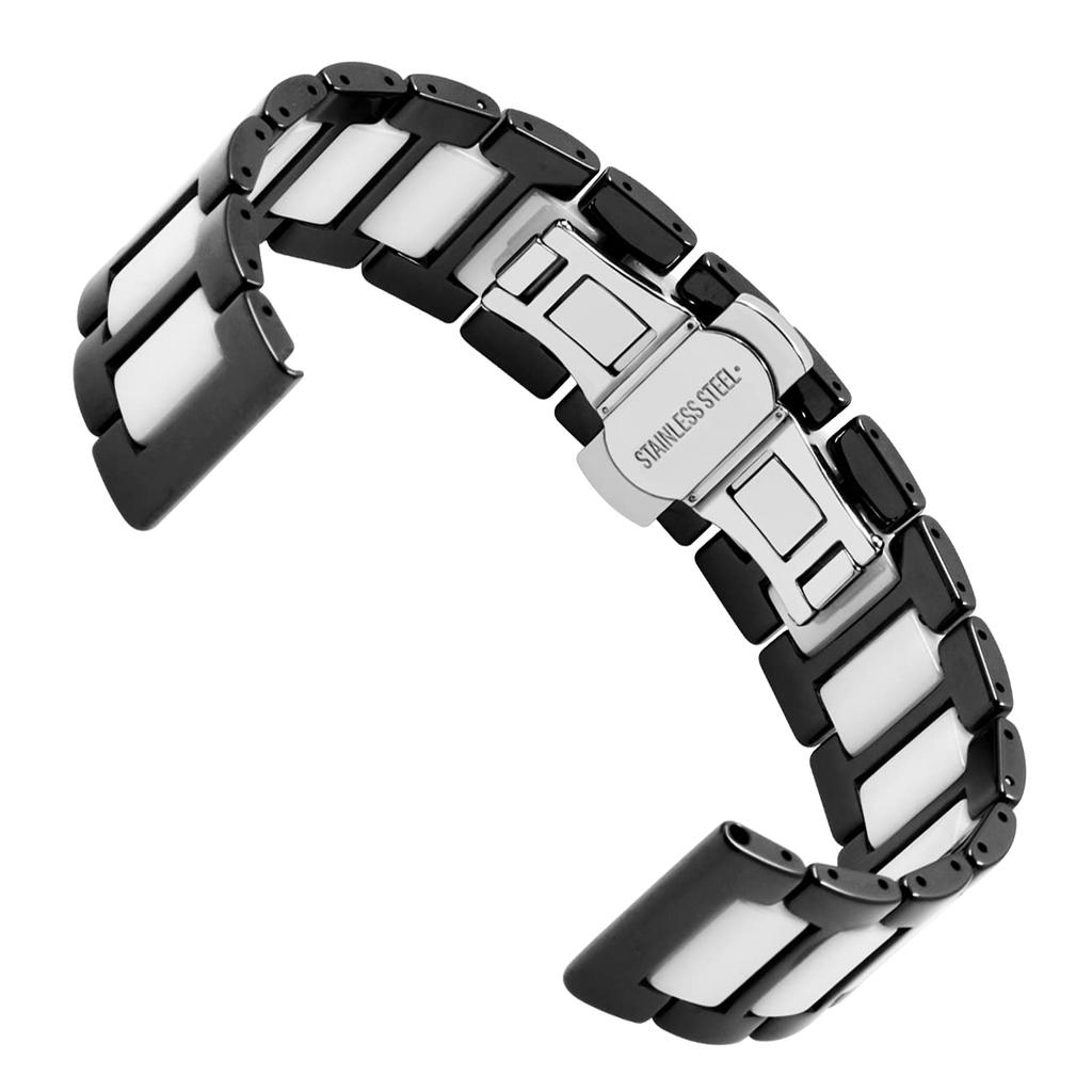 Kai Tian 20mm Quick Release Watch Strap for Men and Women, White and Black Ceramic Links, Replacement Watch Strap, Stainless Steel with D-Buckle