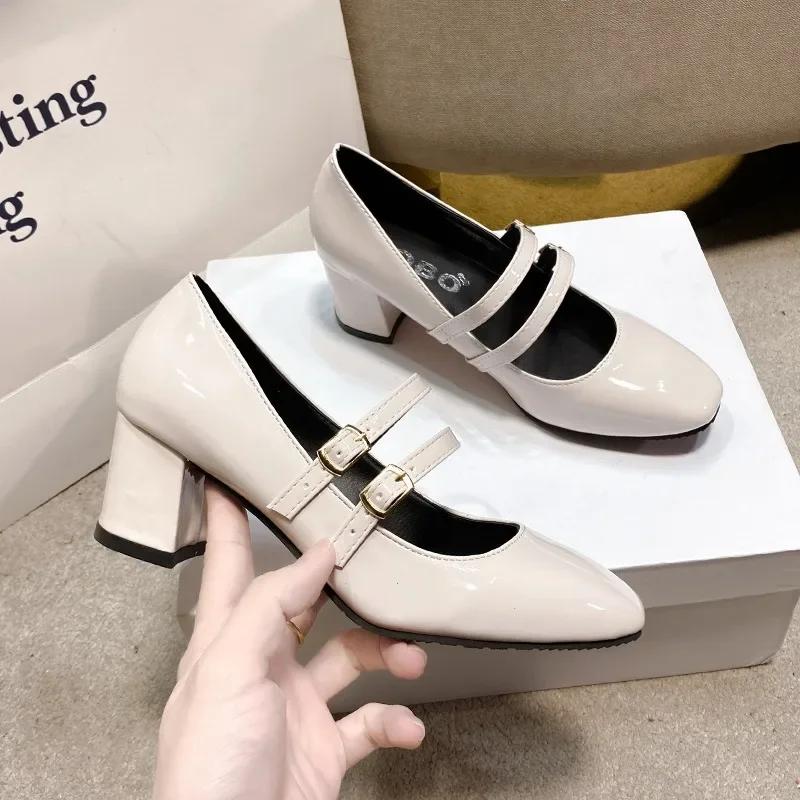 Spring Autumn Women Double Buckle Mary Janes Shoes Patent Leather Dress Shoes High Heels Pumps Retro Ladies Shoe Black Red