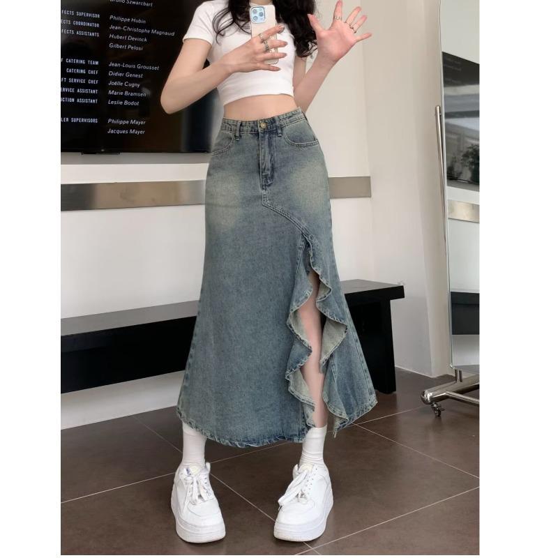 

Юбка А-силуэта с завышенной талией и хвостом русалки из денима большого размера - Универсальная, однотонная, стандартной посадки 3X Large