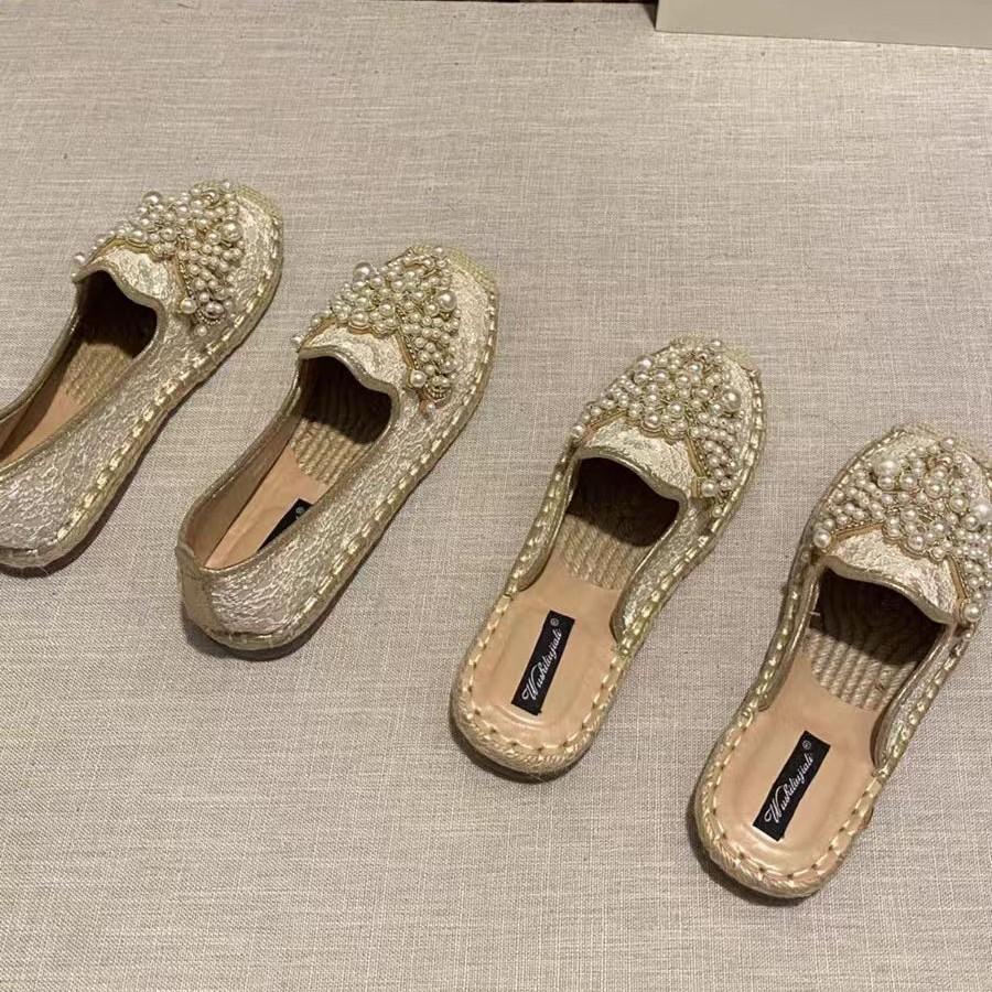 Baotou Korean version of rhinestone straw woven fisherman shoes women's linen flat bottom semi-drag versatile satin lace lazy women's shoes