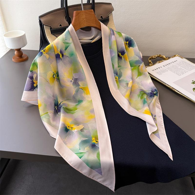 French hazy triangle scarf imitation silk printing sunscreen shawl waist scarf silk scarf scarf headscarf women