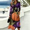 Women's Halloween Print V-Neck Long Sleeve Dress with Pockets for Casual Everyday Wear