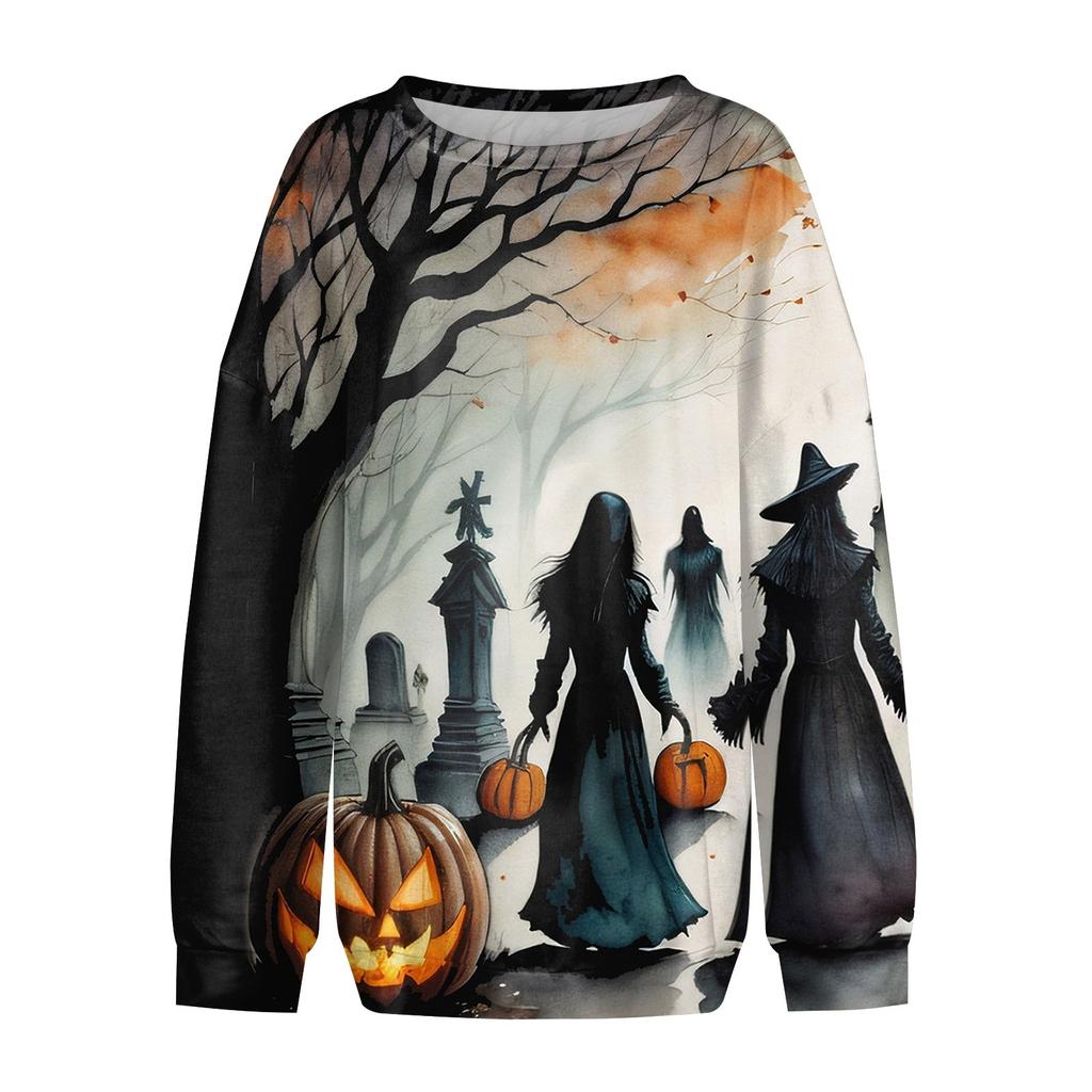 Women's Casual Fashion Printed Long Sleeved Knitted Sportswear Top, Loose Fit Halloween
