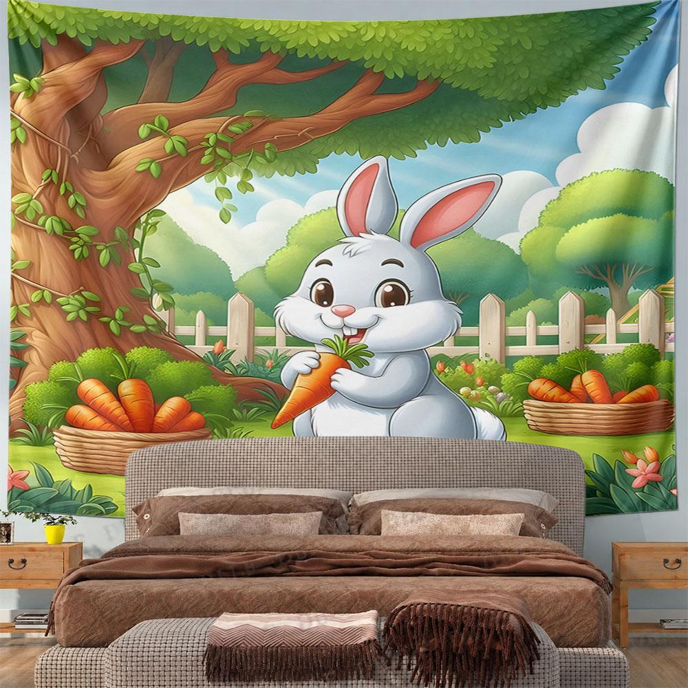 Cute Bunny Eating Carrot In Garden Pattern Wall Hanging Tapestry Decorative Tapestry Home Decor for Bedroom and Living Room