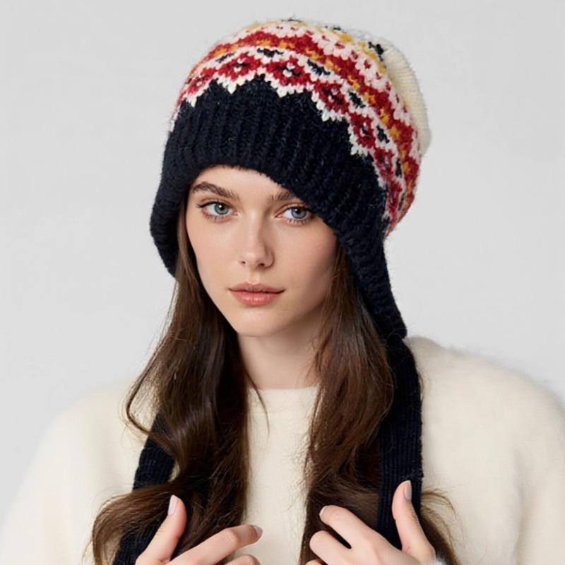 Winter Knitted Hat Women's Fair Island Hat Fashion Lace-Up Wool Hat Winter Ear Protector Headcap