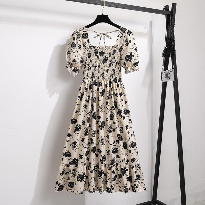 Abito in pizzo quadrato fresco per primavera ed estate, abito midi a maniche corte con maniche a sbuffo floreali francesi per donna