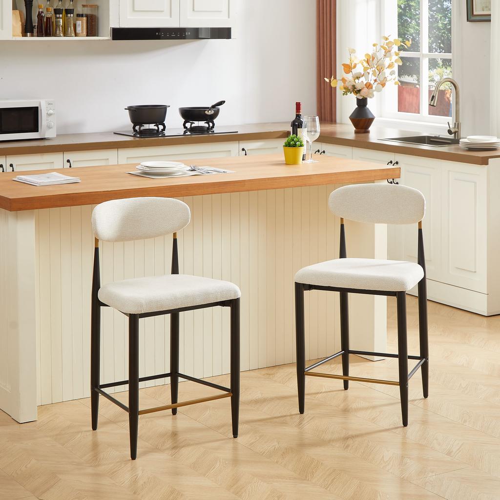 2-Pack Counter Height Bar Stools, Upholstered French Country Kitchen, Ergonomic Curved Backrest, Black & Coffee Contrast Frame, Cream Fabric Cushion