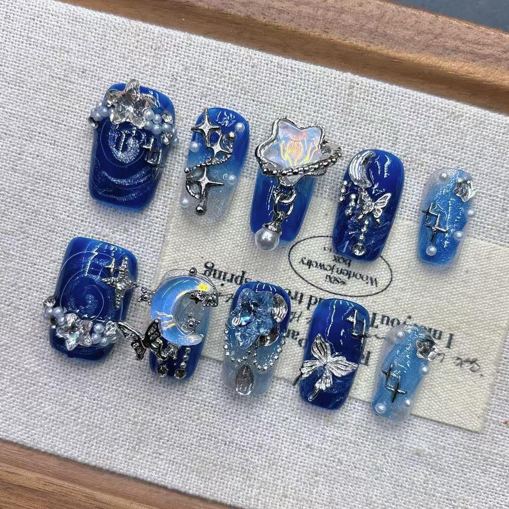 Blue Starry Sky Almond False Nail Tips - Handmade High-End Short Manicure