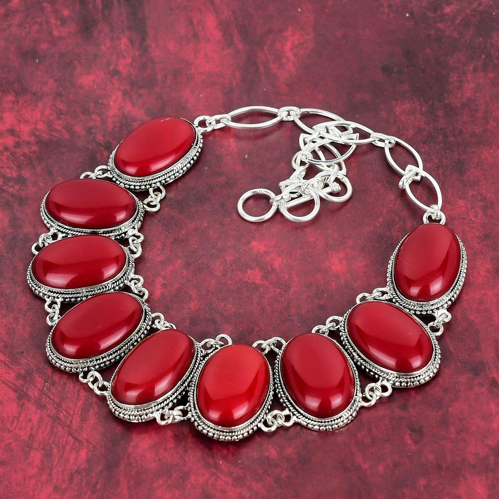 Red Coral Handmade Gemstone Necklace, 925 Solid Sterling Silver Necklace Antique Jewelry, Adjustable Chain Necklace Engagement Gift