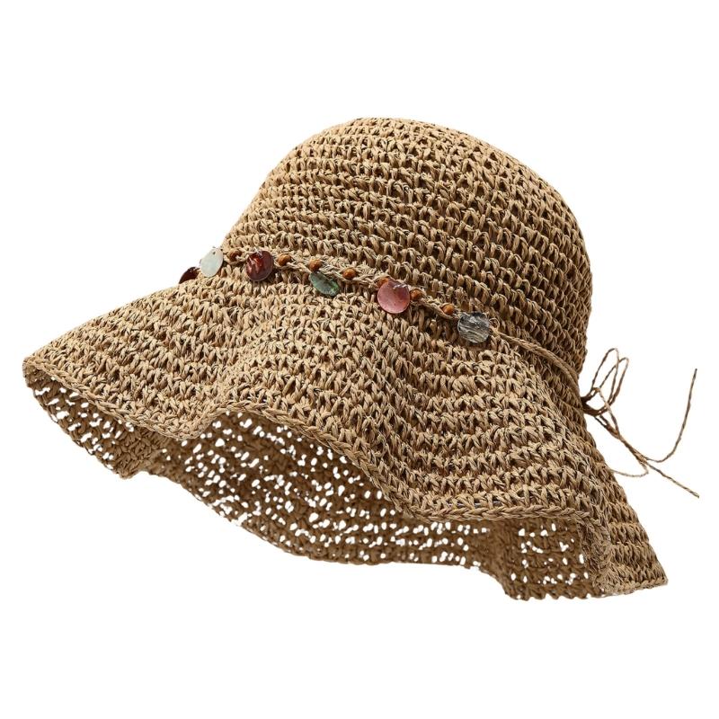 Elegant Hand Crocheted Paper Straw Sun Hat Women Breathable Wide Border Beach Hat Summer Outdoor Travel Accessory