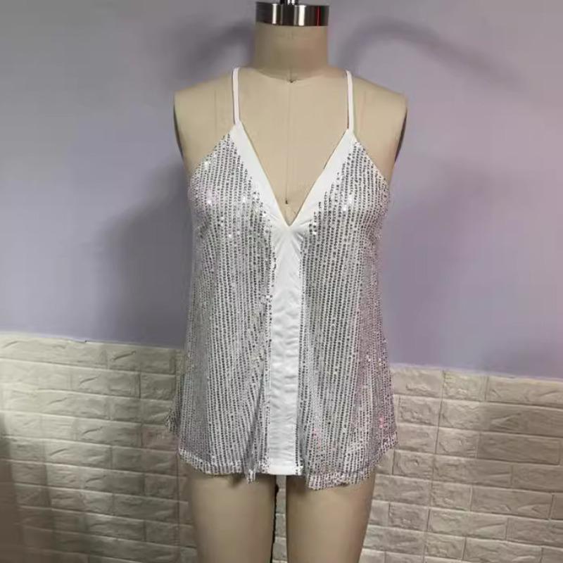 Damski top kamizelka z dekoltem w serek, cekinami i wstawkami