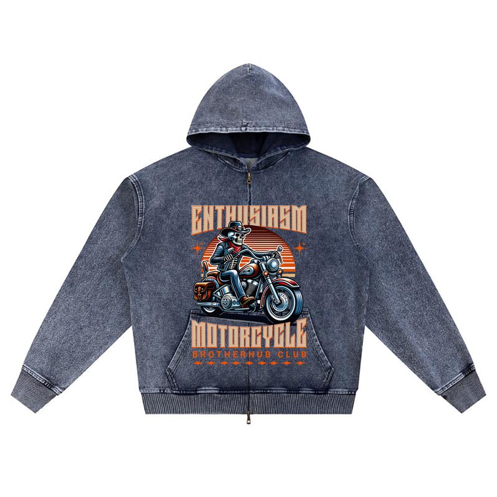 DTG Print Knitted Denim Zip-Up Hoodie Streetwear Motorcycle Brother Print Zipper Hoodies  