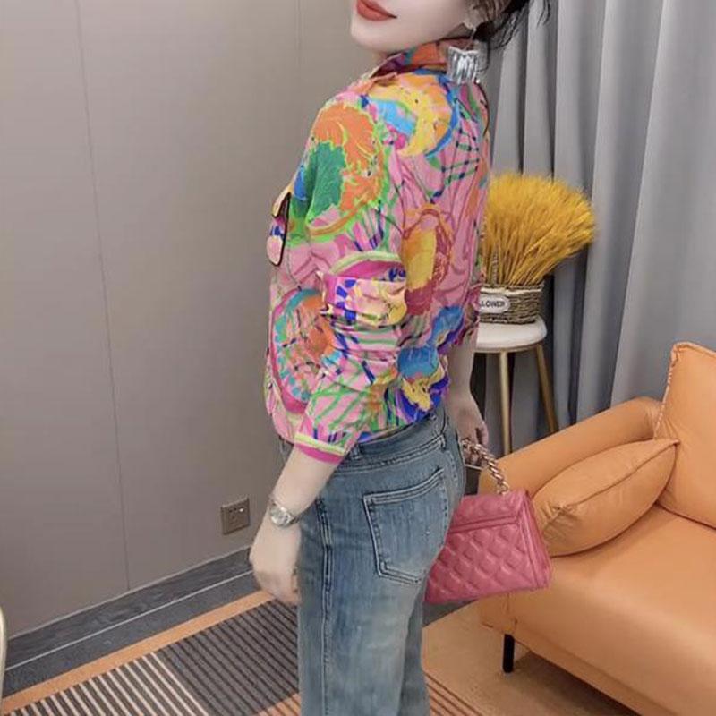 Elegant Fashion Slim Loose Sweat Casual All Match Tops Women Printed Lapel Collar Long Sleeve Shirt