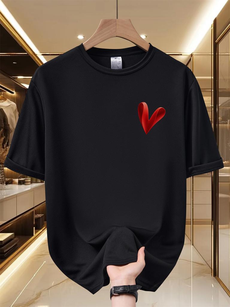 Schnelltrocknende T-Shirts mit rotem Herz-Print für Unisex Minimalistische Liebe-Form Kurzarm-Tees Sommer Street O-Ausschnitt Oberteile