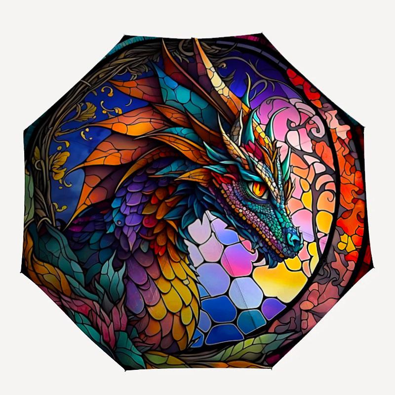 1pc Stained Glass Dragon Compact Travel Umbrella, Automatic Folding Lightweight Windproof 8-Bone Reinforced Design, 012087