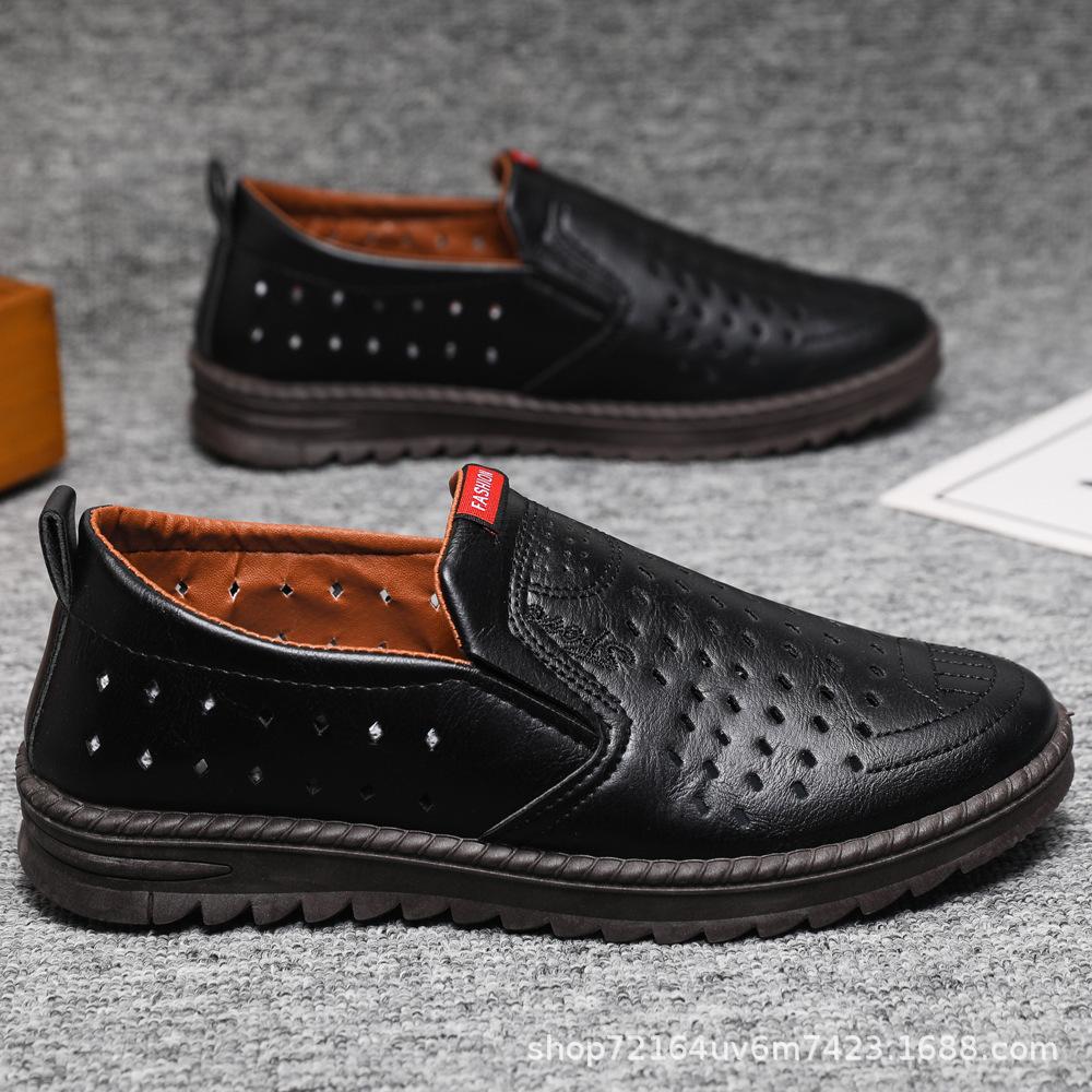 Hollow Leather Shoes Men's Summer Breathable Soft Leather Low-top Business Leisure One-pedal Hole Dad Men's Shoes