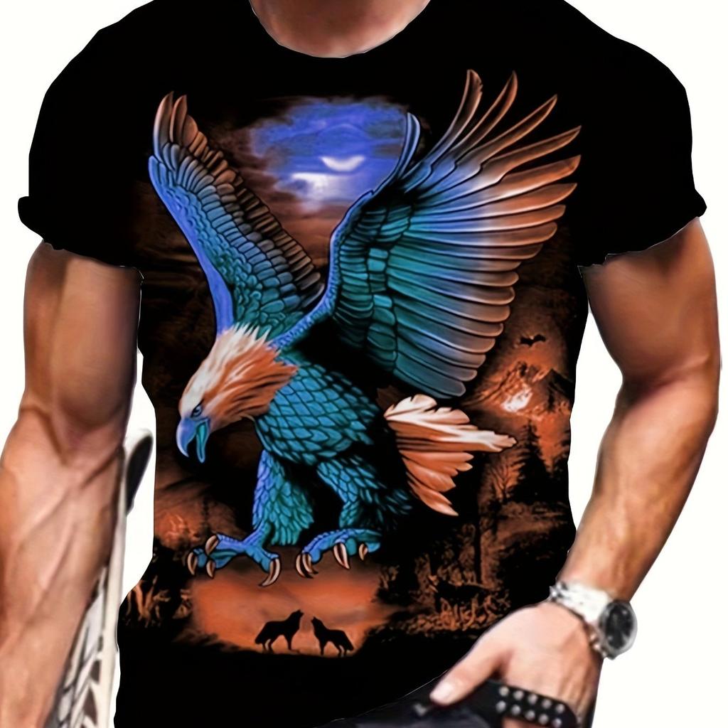 Summer Round Neck 3D Animal Pattern Eagle Wolf Shark Print Top Fashionable Casual Short Sleeved Men's T-shirts