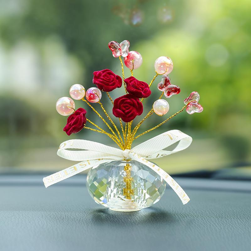 Exquisite Crystal Rose Bouquet Crystal Craft Decorative Mini Crystal Flower Figurine Creative Fashion Car Handmade Rose Ornament