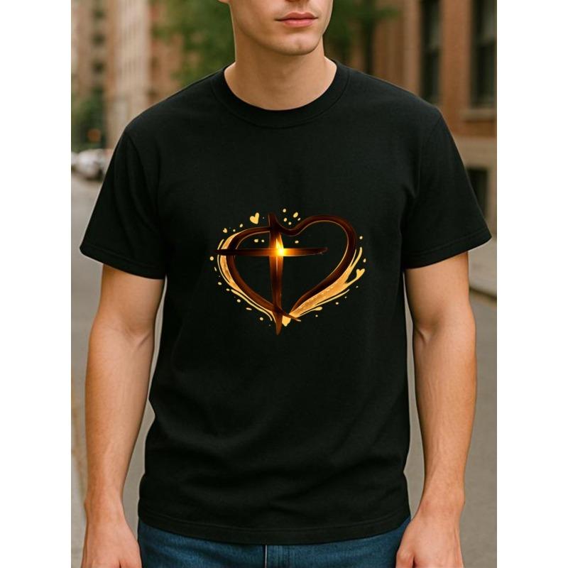 

European sizes Men s T-Shirt with Faith Cross Chest Print - Short Sleeve Round Neck Casual Shirt Suitable for Church\ 4XL чорний