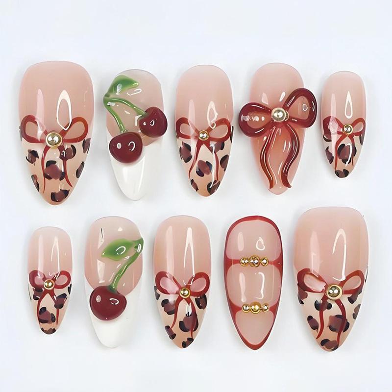 24PCS Black White Zebra Pattern French Simple Nails Tips 3D Cherry Amber Almond Press on Fake Nails Wearable Artificial Manicure