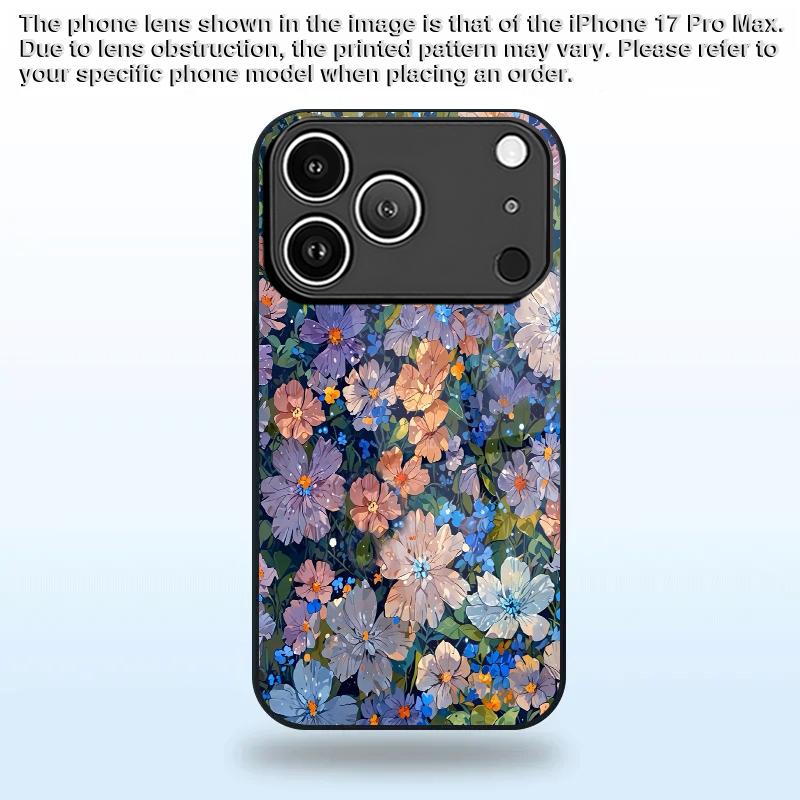 2D Floral Pattern Phone Case for iPhone 17 16 15 14 13 12 11 X XR XS Max Pro 8 Plus - Glass Protective Cover
