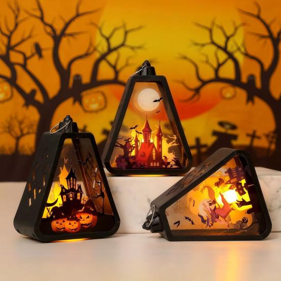 Halloween Håndholdt LED-lanterne Bærbar Nattlampe med Gresskar Slott Heks Mønster Batteridrevet Halloween-lampe for Innendørs Utendørs Festdekor