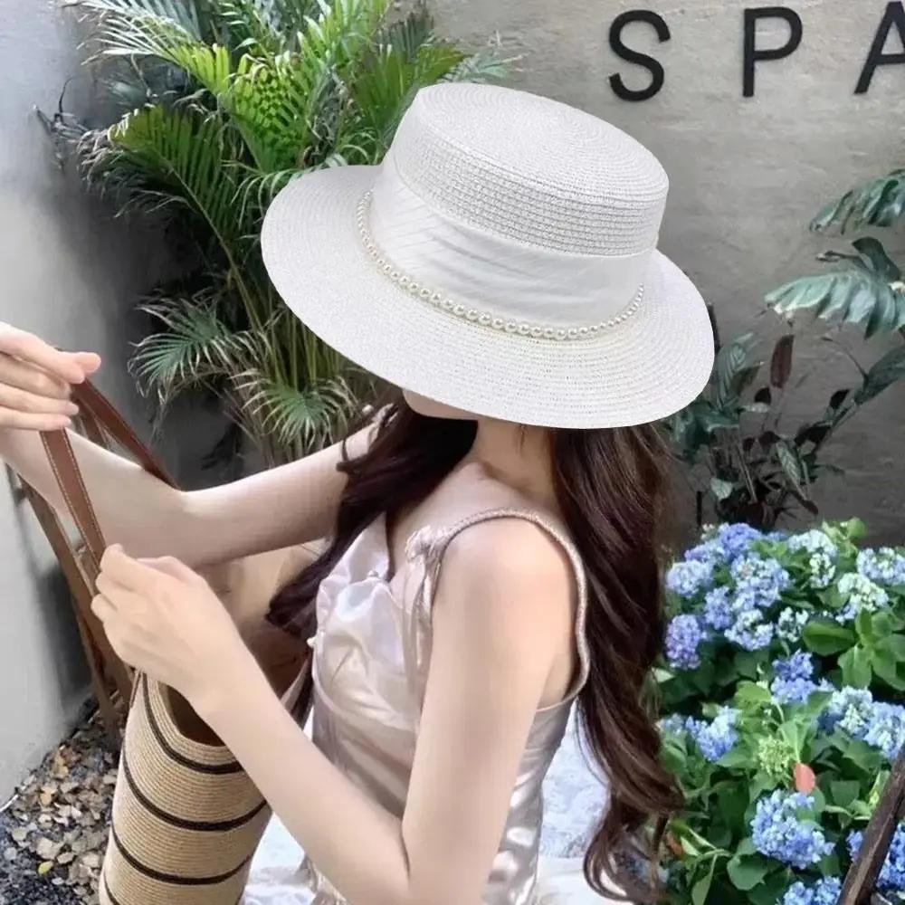 French Hepburn Style Straw Hat Solid Color UV Protection Pearl Chain Hat Straw Weaving Breathable Flat Sun Hat Travel Accessory