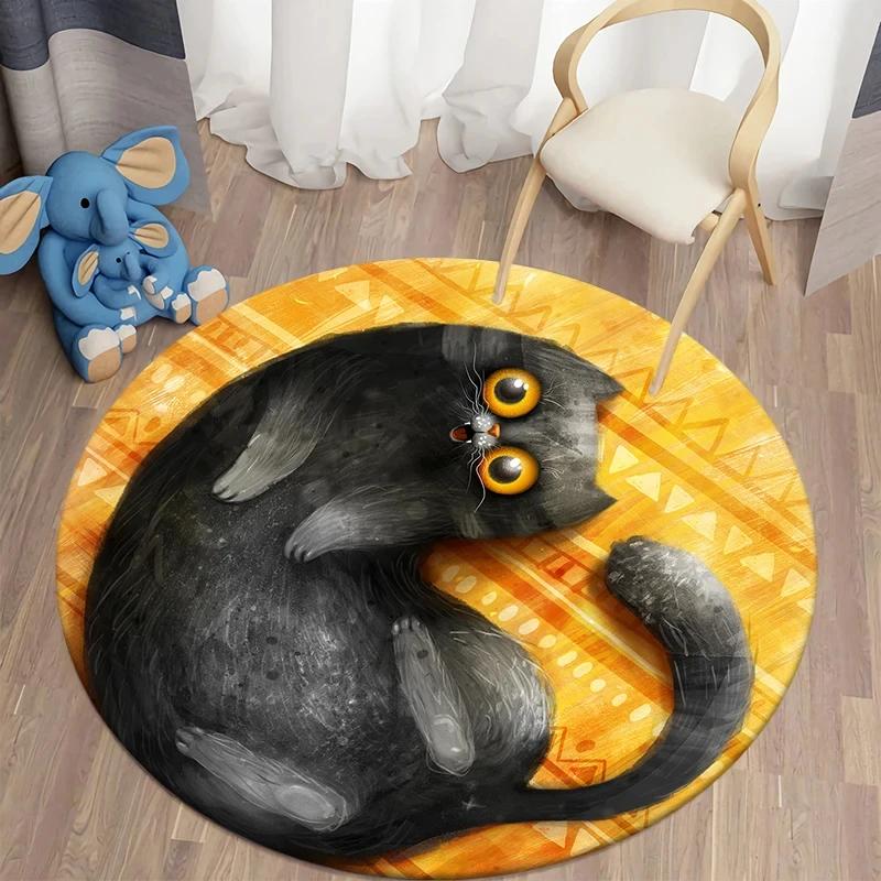 Black Cat Round Carpet Kawaii Cartoon Animal Print Rug for Living Room Bedroom Chair Decor Comfort Yoga Mat Non Slip Floor Mats