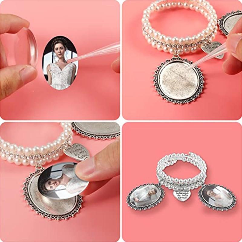 Armreif mit Bouquet-Bildanhänger, ovalem Glas-Cabochon, Hochzeitsfoto-Anhänger, herzförmigem Anhänger und Perle für Brautparty