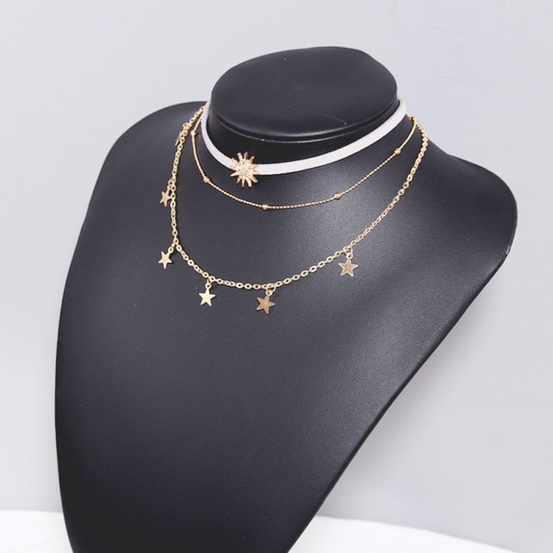 C031 Multi-layer Star Velvet Sliced Five-pointed Star Women's Collarbone Chain Sun Multi-layer Necklace Bead Chain